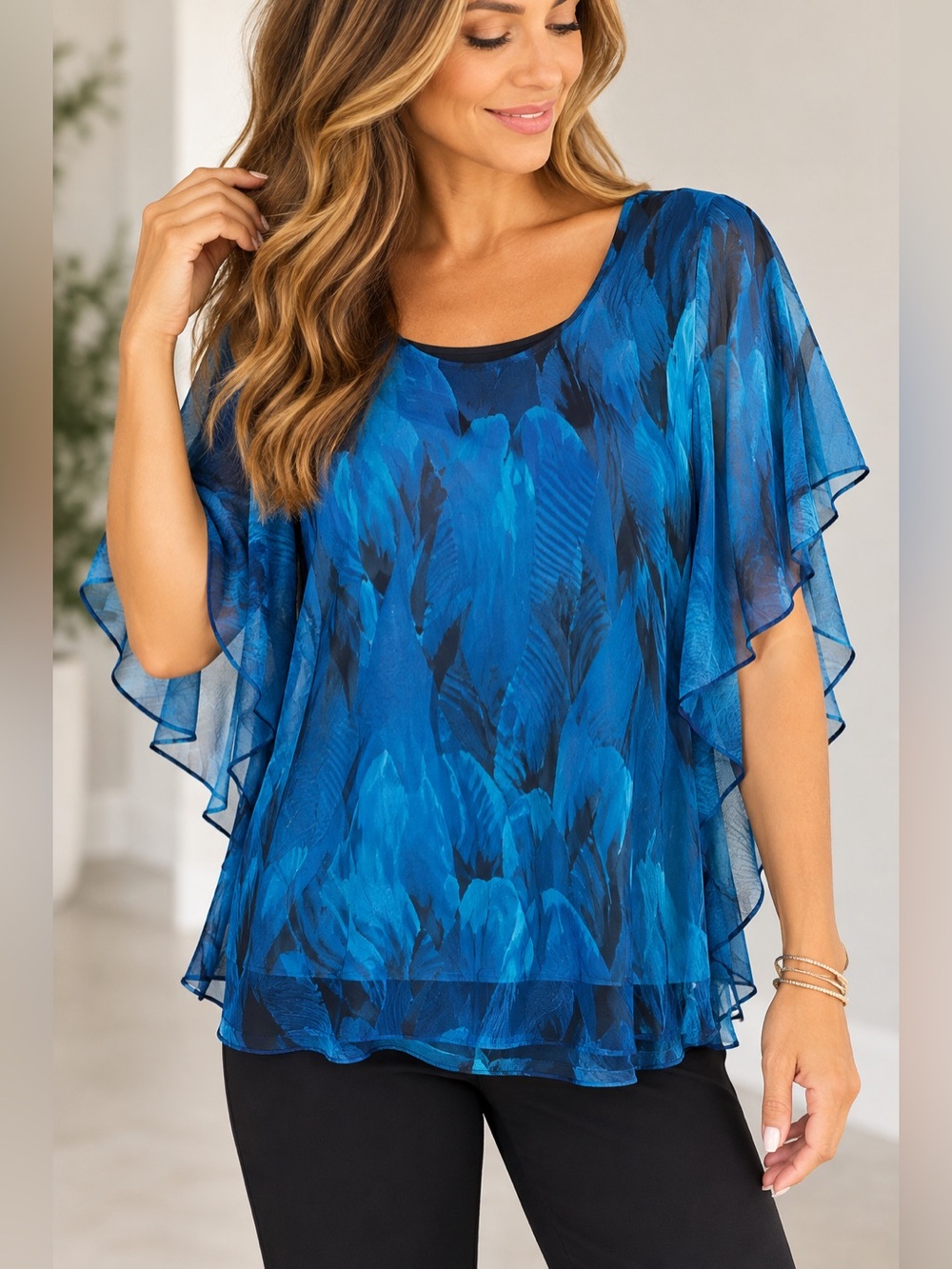 Ninedaily Blue Black Abstract Mesh Flutter Sleeve Blouse Top
